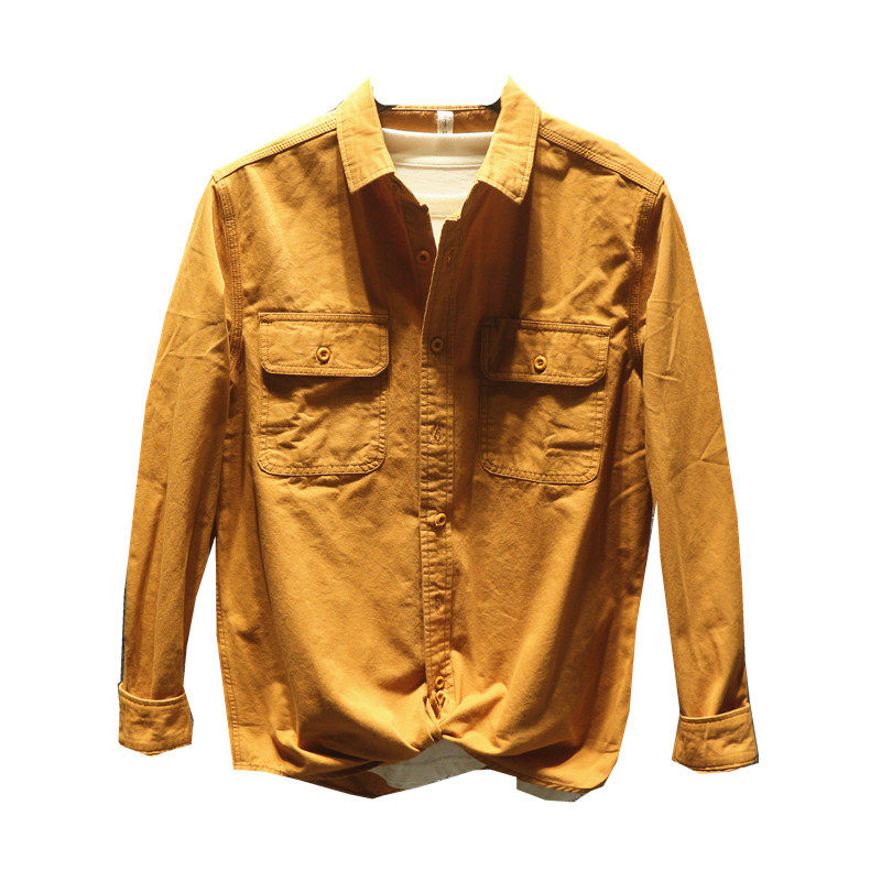 Hi man复古工装风衬衫韩国双口袋纯棉文艺土黄色衬衣长袖外套男士