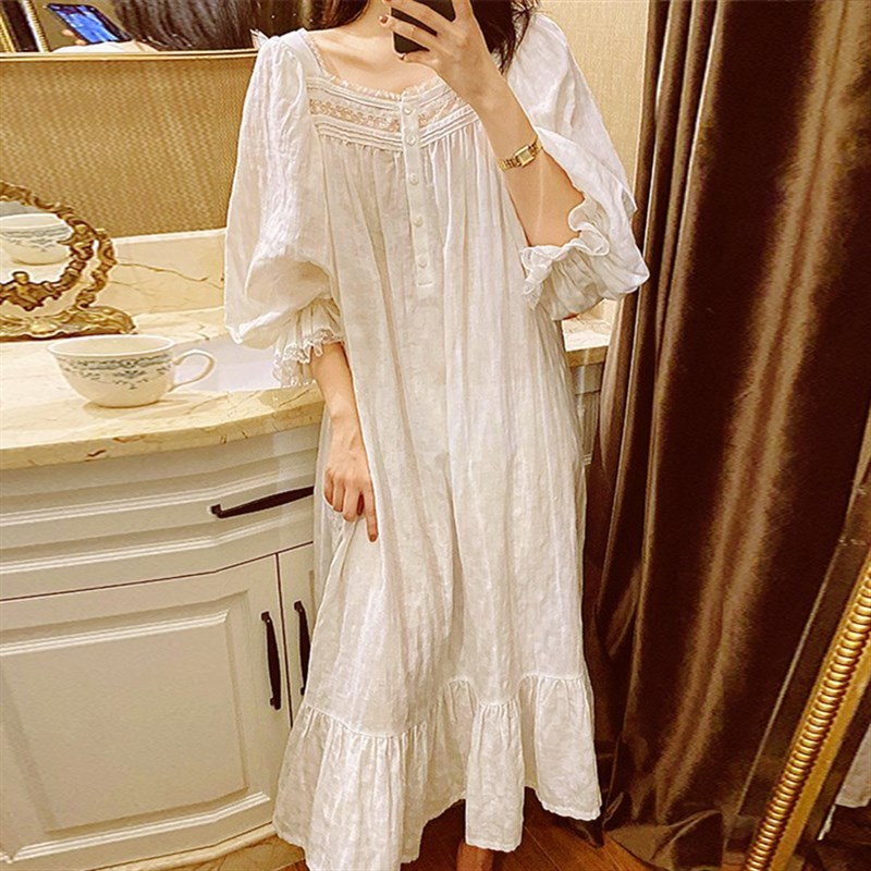 睡裙女夏季纯棉短袖睡衣白色甜美宫廷风公主长裙可外穿薄款家居服