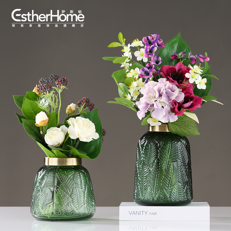 北欧简约绿色透明玻璃花瓶花艺套装创意插花设计羽毛水培饰品摆件