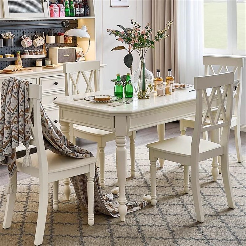 慕盛家具美式实木餐桌椅组合白色轻奢长方形饭桌子餐厅小户型家用