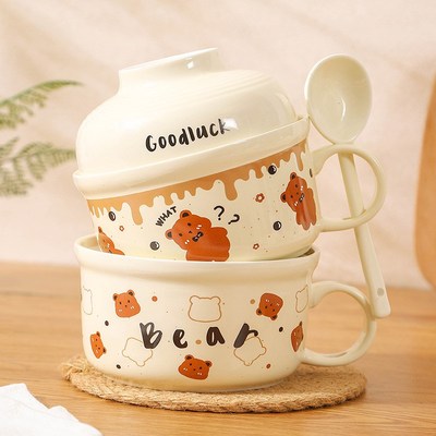 陶瓷泡面碗带盖勺大容量宿舍学生带手柄可爱奶油面碗可微波打饭碗