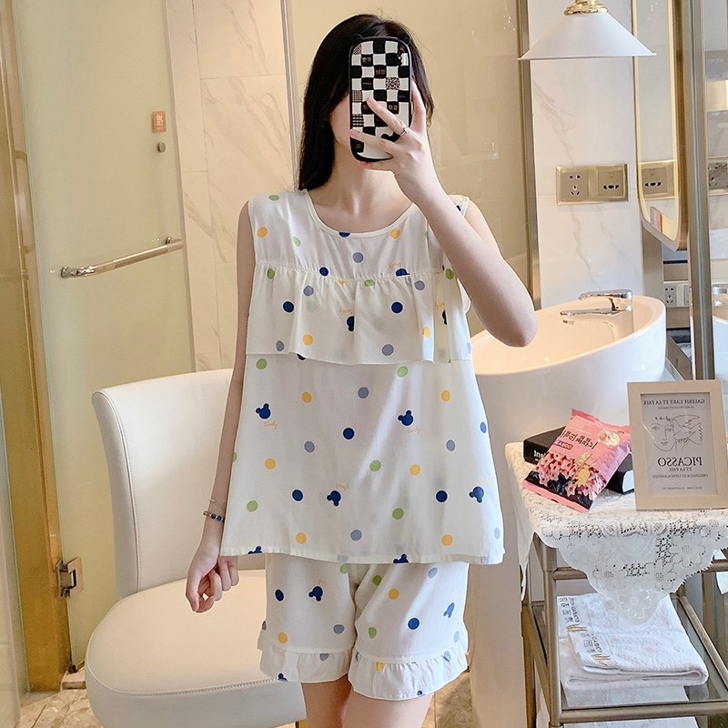 防凸点睡衣女士夏季超薄款纯棉绸夏天背心短裤无袖套装家居服学生