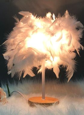 羽毛台灯卧室牀头公主婚房温馨生日礼物小夜灯结婚房温馨装饰台灯