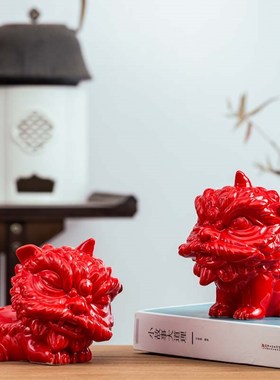 狮来运转新中式陶瓷创意狮子玄关摆件镇宅醒狮乔迁客厅桌面装饰品
