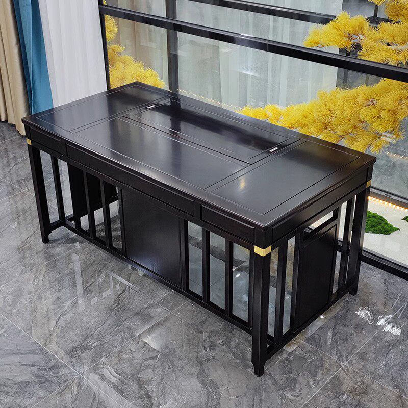 新中式花梨木沙比利书桌两用茶桌椅组木乌金石茶台多功能花梨家具