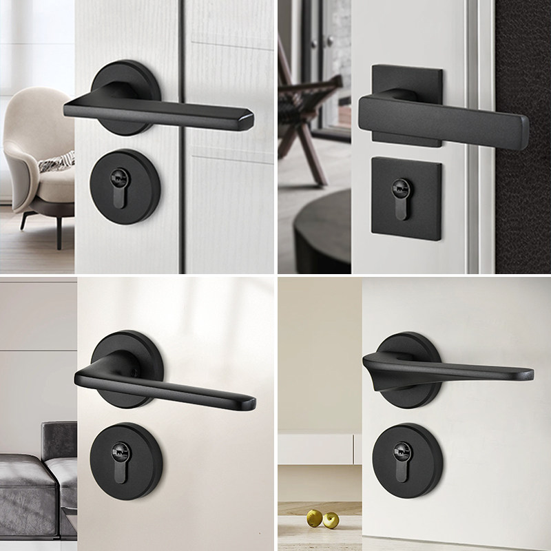 卧室门锁室内静音房门两件式锁黑色化妆室实木门把手家用磁吸58锁