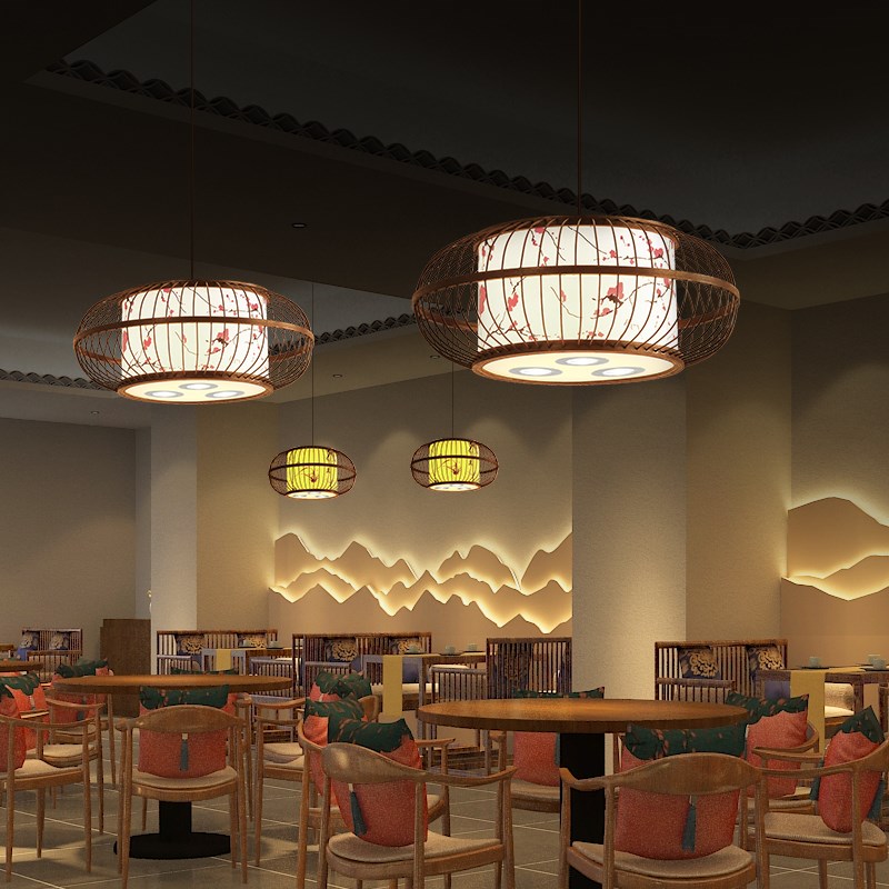 新中式竹编吊灯餐厅饭店包厢仿古中国风竹艺火锅店餐饮包间带射灯