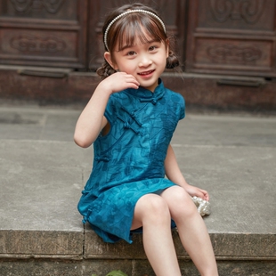 女童旗袍夏季中国风薄款2023年新款女宝宝连衣裙蓝色汉服儿童唐装