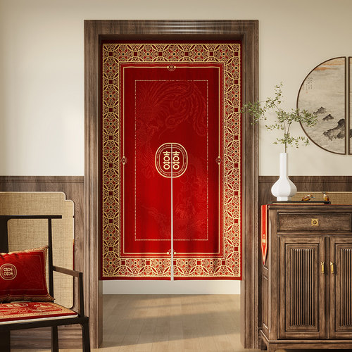 新中式国风门帘结婚免打孔家用可定制婚房卧室隔断帘红色遮挡帘子