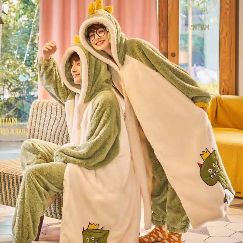 睡衣长袖珊瑚绒连帽法兰绒可爱外穿秋冬季加厚情侣男女士睡袍套装