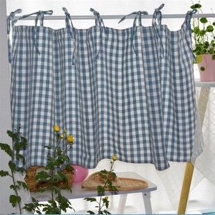 田园风手工系带格子半帘书房宿舍杂物间装 饰窗帘门帘短帘遮挡布