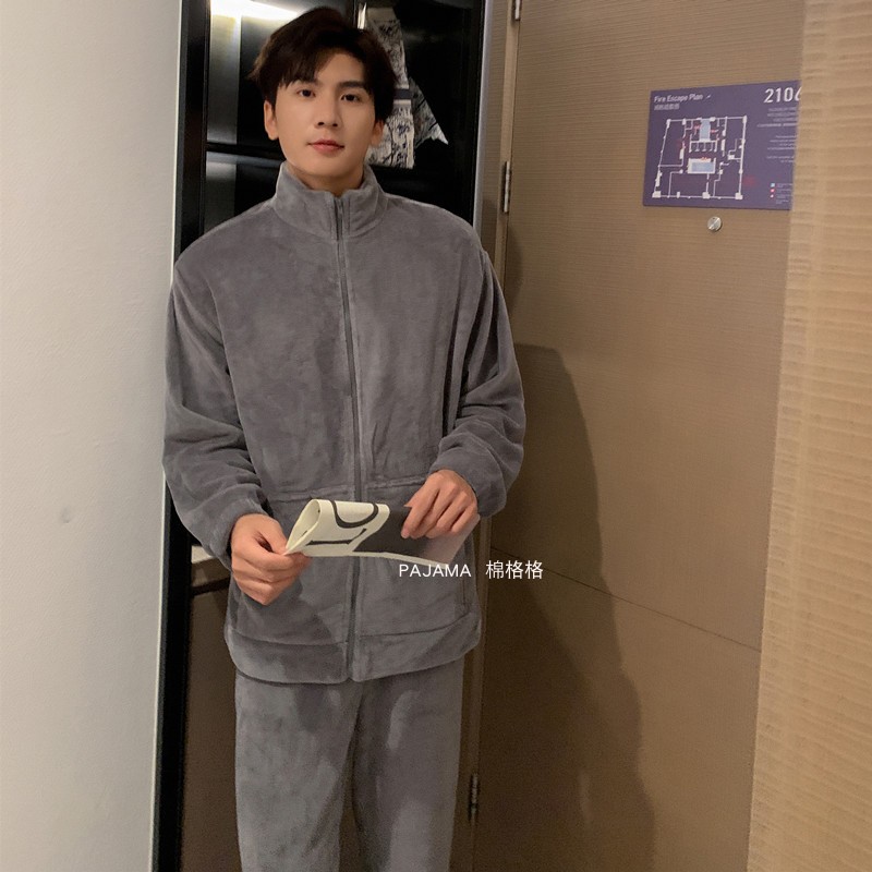 珊瑚绒情侣睡衣男女士秋冬季拉炼加绒加厚法兰绒可外穿家居服套装