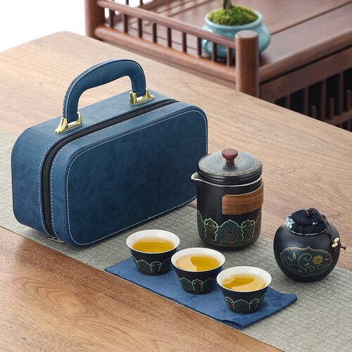 旅行茶具黑陶茶叶罐壶茶杯过整茶盘皮包礼品