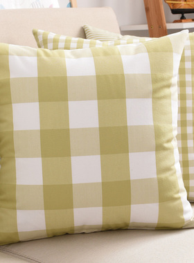 格子靠垫客厅沙发靠垫抱枕靠枕含芯绿色纯色抱枕家用