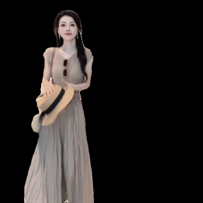 短袖针织衫垂感阔腿裤裙两件套盐系时尚休闲套装夏装搭配一整套女