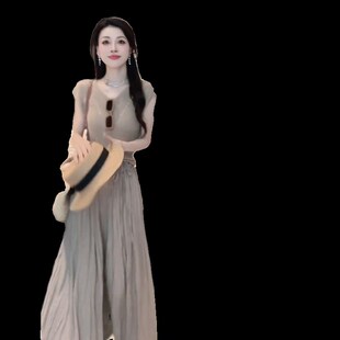 短袖针织衫垂感阔腿裤裙两件套盐系时尚休闲套装夏装搭配一整套女