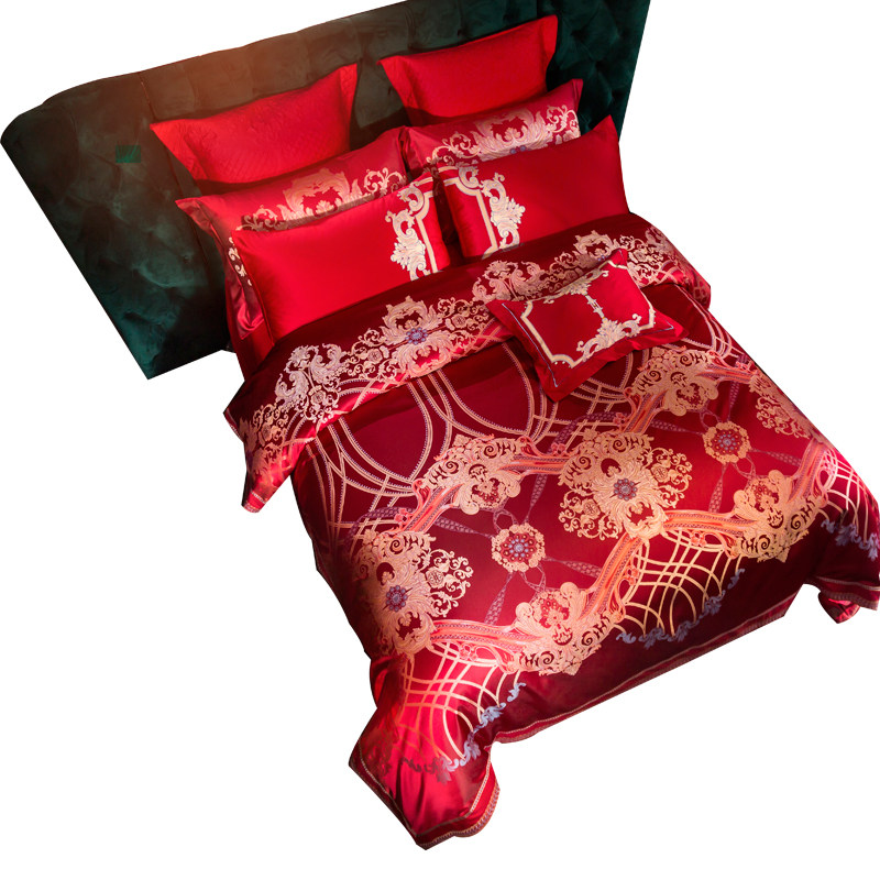 床上用品四件套欧式婚庆贡缎提花大红色喜庆被套结婚六件套十件套