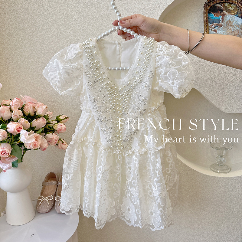 女童连衣裙夏季2023新款女宝宝高级感洋气儿童白色生日礼服公主裙