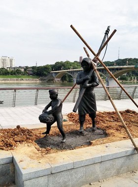 渔民文化风俗小品公园广场户外景观捕鱼画船情景玻璃钢人物雕塑