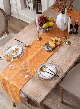 橙色黄色轻奢风桌旗 餐桌长条布装饰布艺美式欧式法式电视柜台布