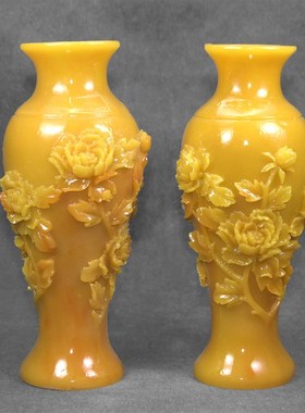 仿田黄石花开富贵瓶一对中式中号雅摆石雕原石山水工艺品家居摆件