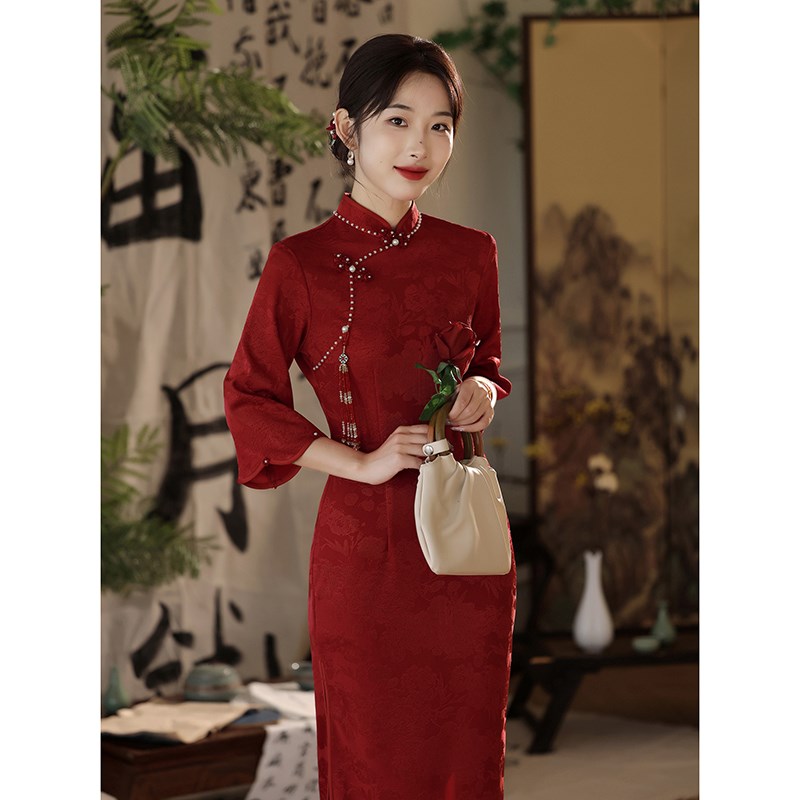红色旗袍敬酒服新娘秋冬长袖新中式婚服结婚回门平时可穿订婚礼服
