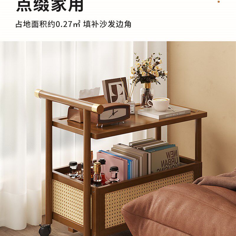 沙发边几多功能收纳客厅家用小户型可移动小推车中古风置物架边柜