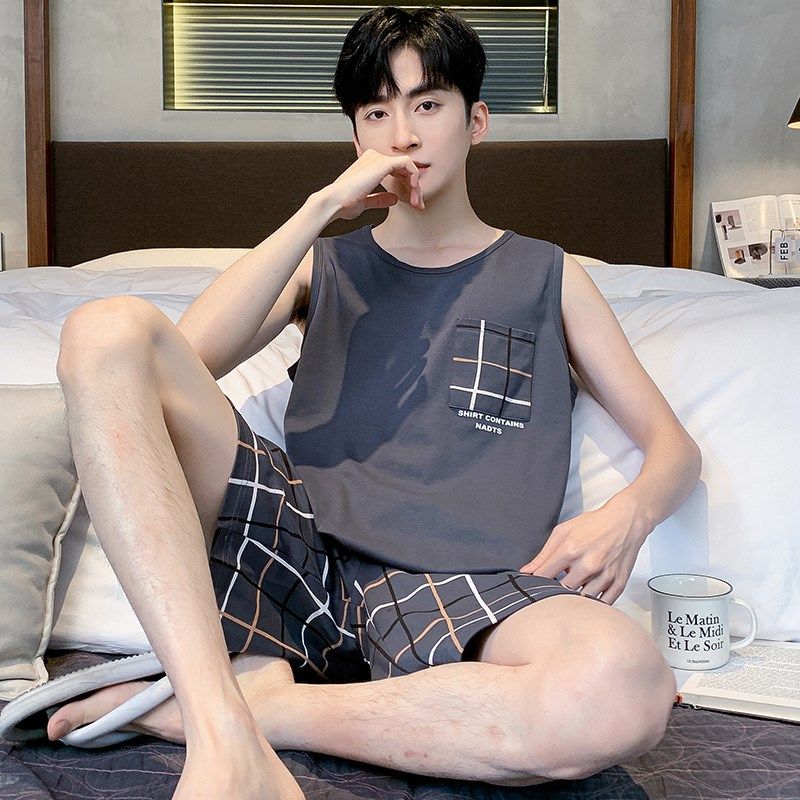 男款睡衣男士夏季纯棉薄款无袖背心短裤夏天大码卡通款家居服套装
