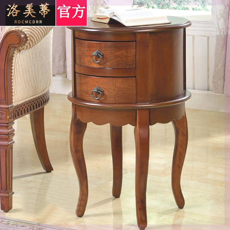 美式实木圆几圆桌沙发边桌圆形床头柜小茶几桌休闲桌子边柜花架