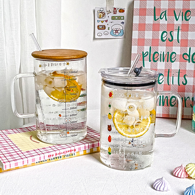 超大容量个性小清新耐高温玻璃开水杯带盖勺吸管男女学生情侣早餐
