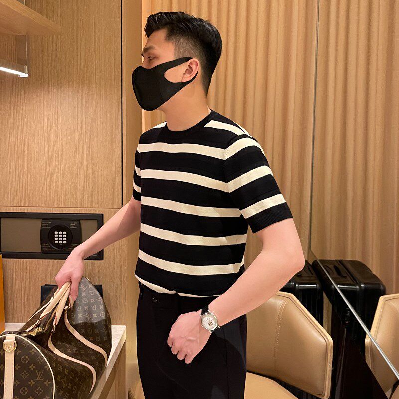 夏季新款修身上衣圆领海魂衫针织短袖男 复古风时尚撞色条纹t恤男