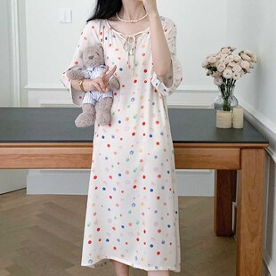 柠檬彩色薄款短袖棉绸连衣裙大码法式简约白色中长款裙子女睡裙夏