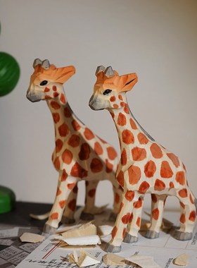 长颈鹿手工木雕小摆件卡通动物公仔桌面摆放装饰品送儿童学生玩具