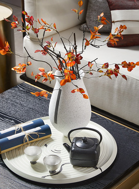 邸高家居新中式白色墨纹陶瓷托盘样板间客厅茶室茶桌收纳圆形茶盘