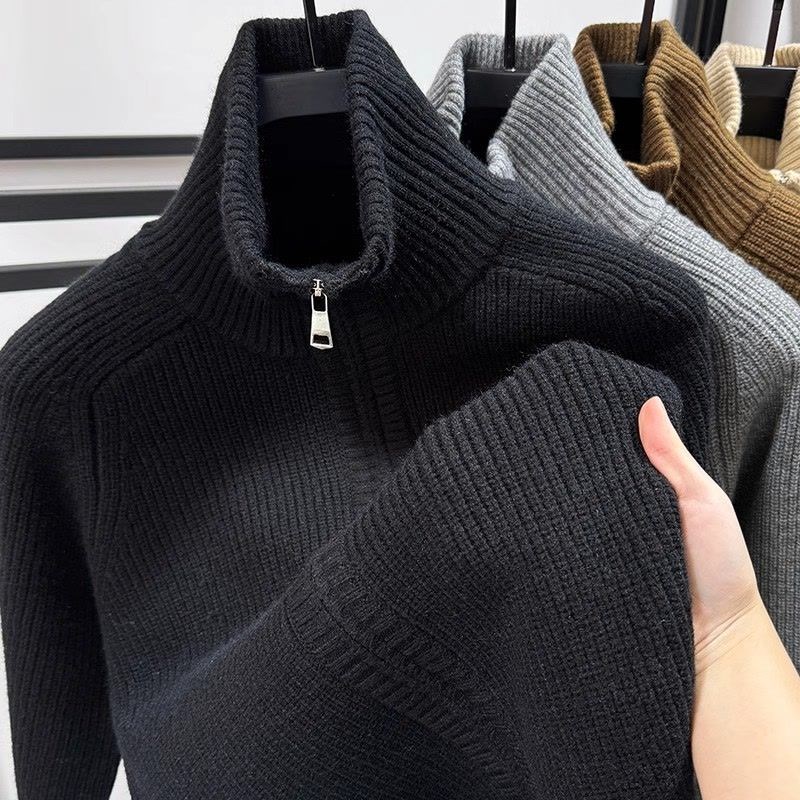 重磅粗针高领开衫毛衣外套男双拉链立领针织衫夹克加厚保暖秋冬款