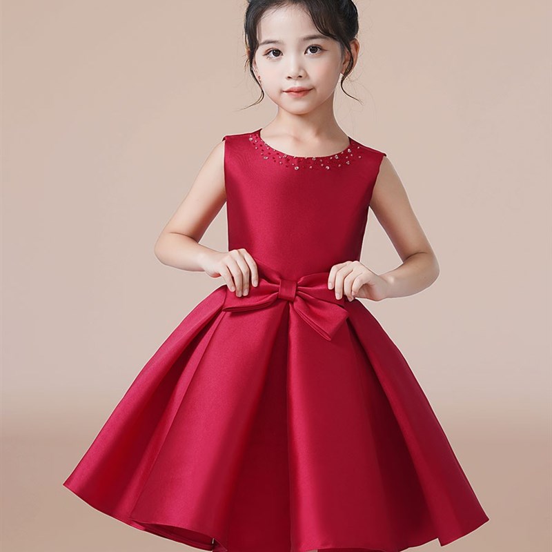 女儿童礼服酒红色生日公主裙元旦洋气钢琴演出服短款主持人表演
