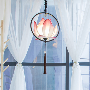 新中式布艺吊灯禅意饭店餐厅莲花灯复古中国风仿古荷花灯古典灯具