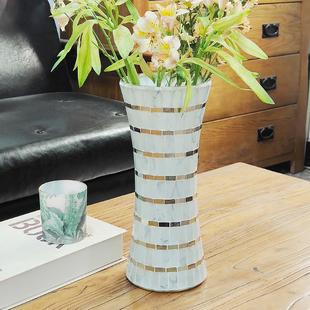 欧式粉色收腰玻璃马赛克花瓶纯手工台面装饰花插DIY花艺容器包邮