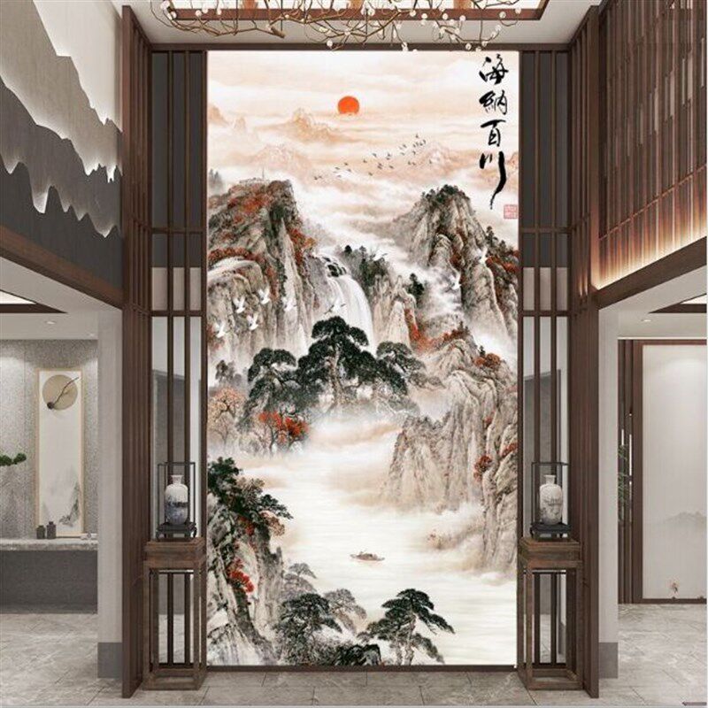 新玄关山水画别墅复式楼挑客厅电视背景墙纸壁纸墙布