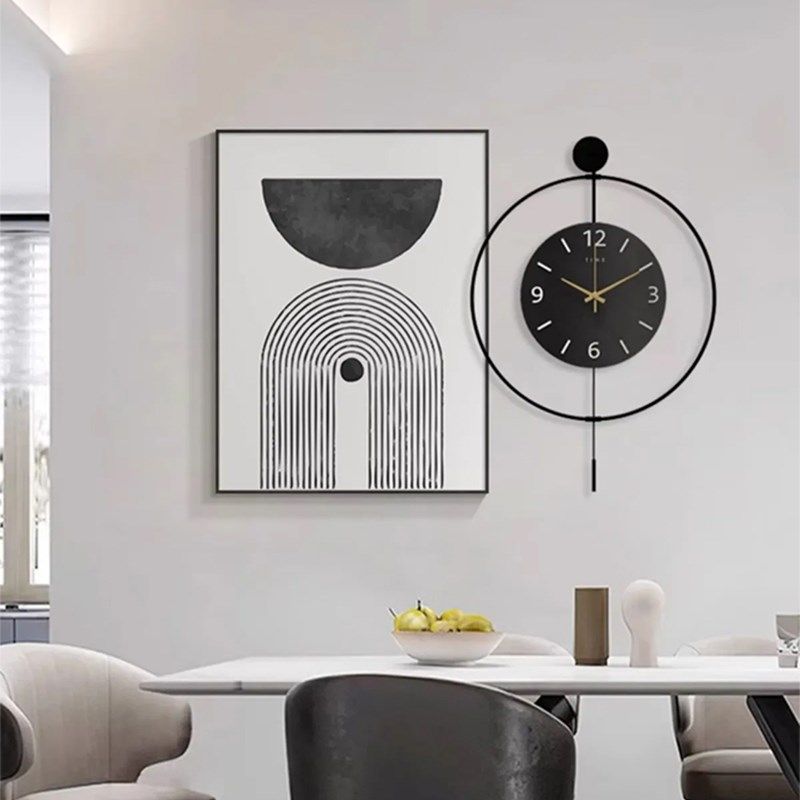 现代装饰画挂画高档高级感黑白挂钟带钟表客厅餐桌饭厅的壁画