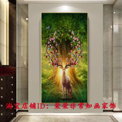 玄关画森林进门墙麋鹿挂画风景装饰画走廊过道竹林树木绿色晶瓷画