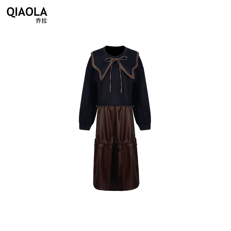 乔拉【松露巧克力】秋冬季撞色娃娃领长袖上衣女时尚套装半身长裙