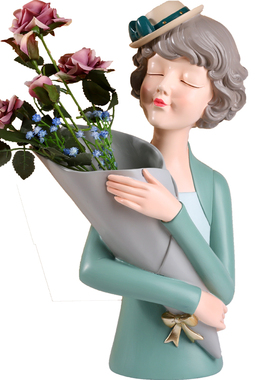 捧花女孩摆件轻奢风酒柜装饰品客厅电视柜家居桌面摆设干花瓶插花