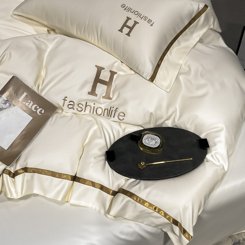 简约欧式水洗真丝四件套夏季被套丝滑裸睡床单床上用品床笠款轻奢