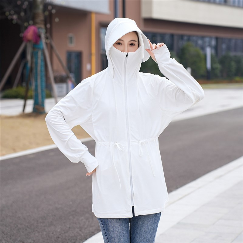 帽檐可拆 加大码胖mm夏200斤宽松女长袖中长款收腰系带连帽防晒衣