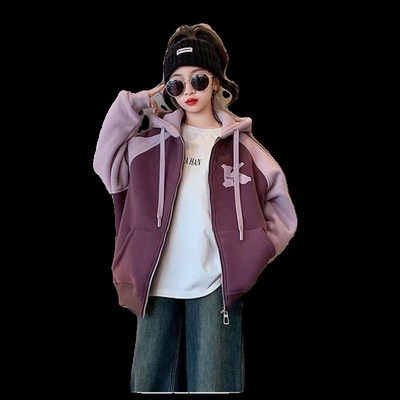 女童外套加绒秋冬2023新款儿童冬装时髦卫衣潮加厚中大童连帽开衫