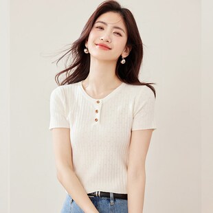 短袖t恤女2025新款夏季镂空针织衫 小个子短款高腰配半身裙的上衣