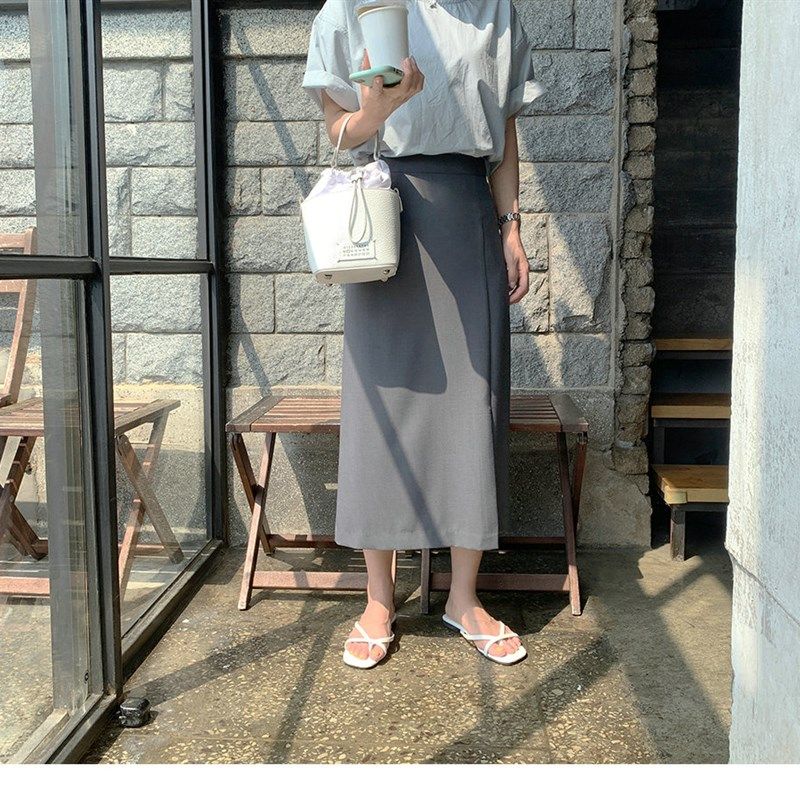 春夏灰色西装休闲设计感前开叉中长款半身裙小个子女大码高腰显瘦