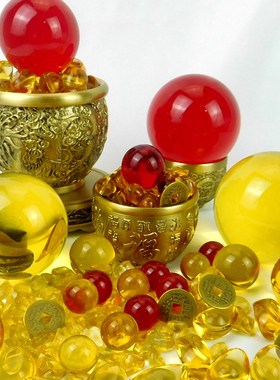 黄红水晶球转运球装饰摆件家居办公中式玄关摆件安忍水制作材料