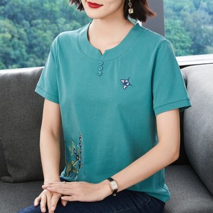 宽松型中年妈妈大码 夏装 短袖 女士上衣 显瘦绣花纯棉t恤 2024年新款